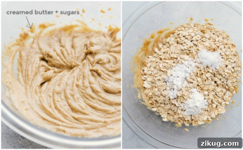 Step-by-step process of mixing ingredients for oatmeal cookies, showing oats and chocolate chips being incorporated into the dough