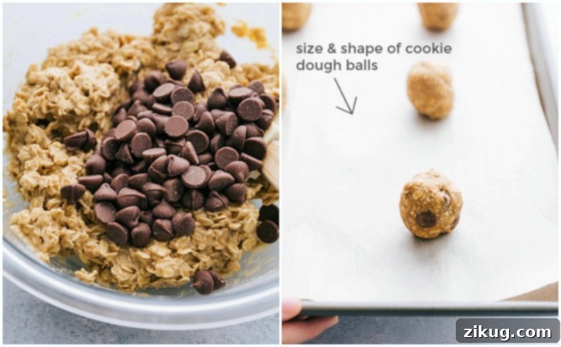 Process shots of making Oatmeal Chocolate Chip Cookies; one showing the mixed dough, the other showing recommended size for rolling cookie dough balls