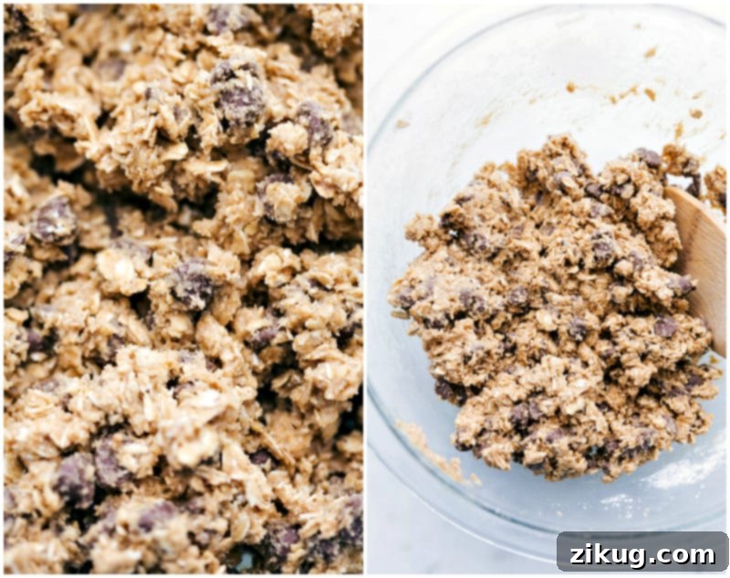 The perfectly mixed oatmeal chocolate chip cookie dough, ready for chilling before baking