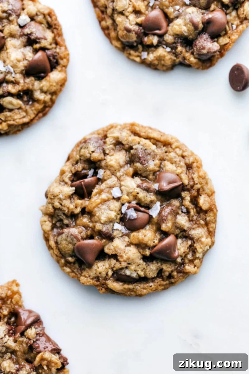 Overhead close-up of a platter of freshly baked Oatmeal Chocolate Chip Cookies, showcasing their perfect texture and melted chocolate