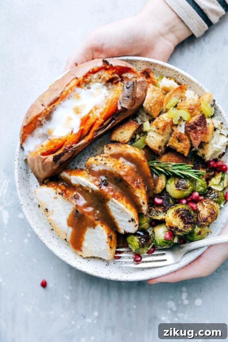 A Thanksgiving plate piled high with classic holiday dishes including succulent turkey, vibrant cranberry sauce, savory stuffing, and an assortment of roasted vegetables, symbolizing a bountiful feast.