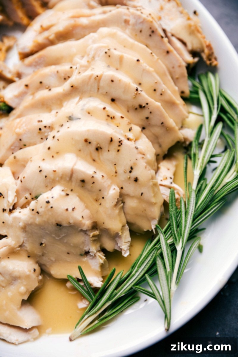 Perfectly roasted turkey slices, glistening with rich homemade gravy, arranged invitingly on a serving platter, ready for the Thanksgiving feast.