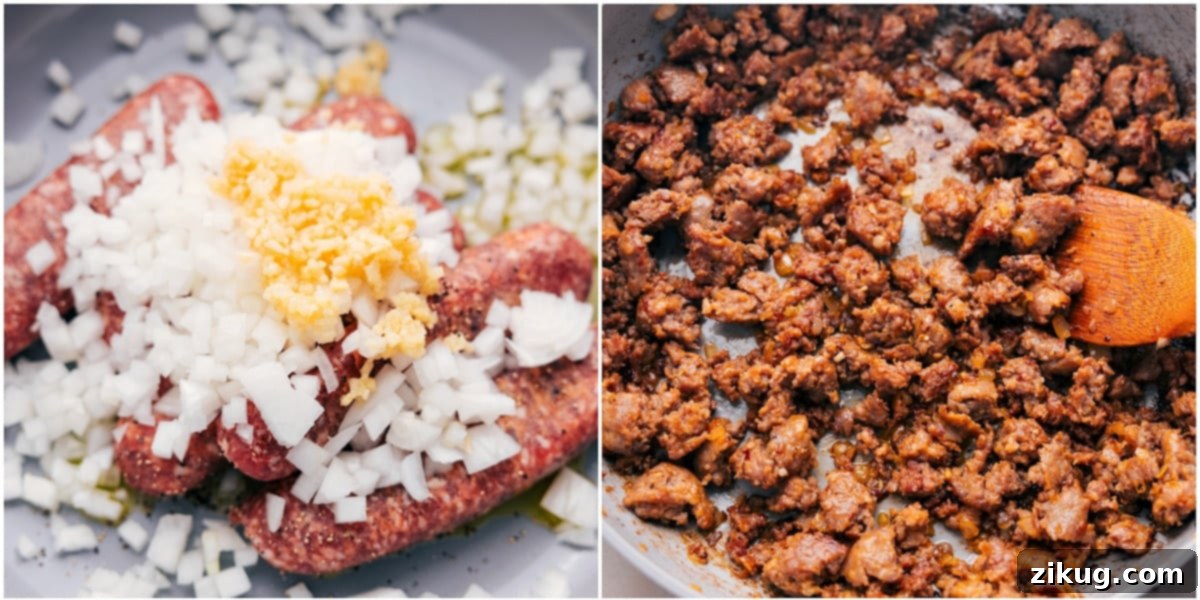 How To Make Crockpot Cowboy Casserole Browning the sausage and sautéing the onion and garlic for this crockpot cowboy casserole.