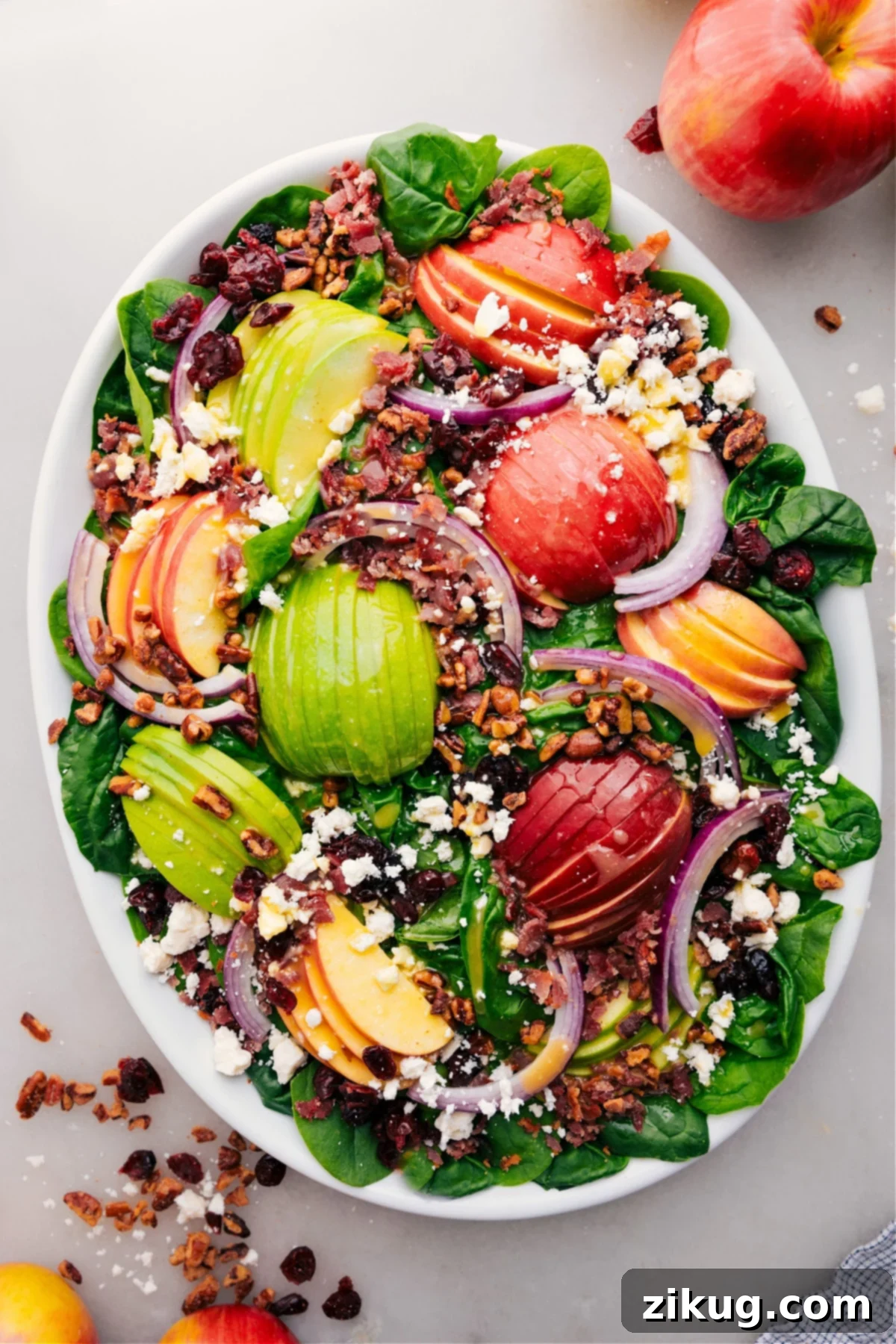 Vibrant Spinach Salad 2 A vibrant Spinach Salad with crisp apples, bacon, feta, cranberries, and pecans, dressed and ready to enjoy.