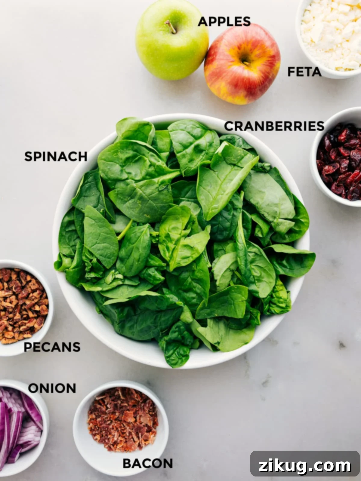 Vibrant Spinach Salad 4 All the fresh ingredients for this delicious Spinach Salad recipe prepped out for easy assembly.