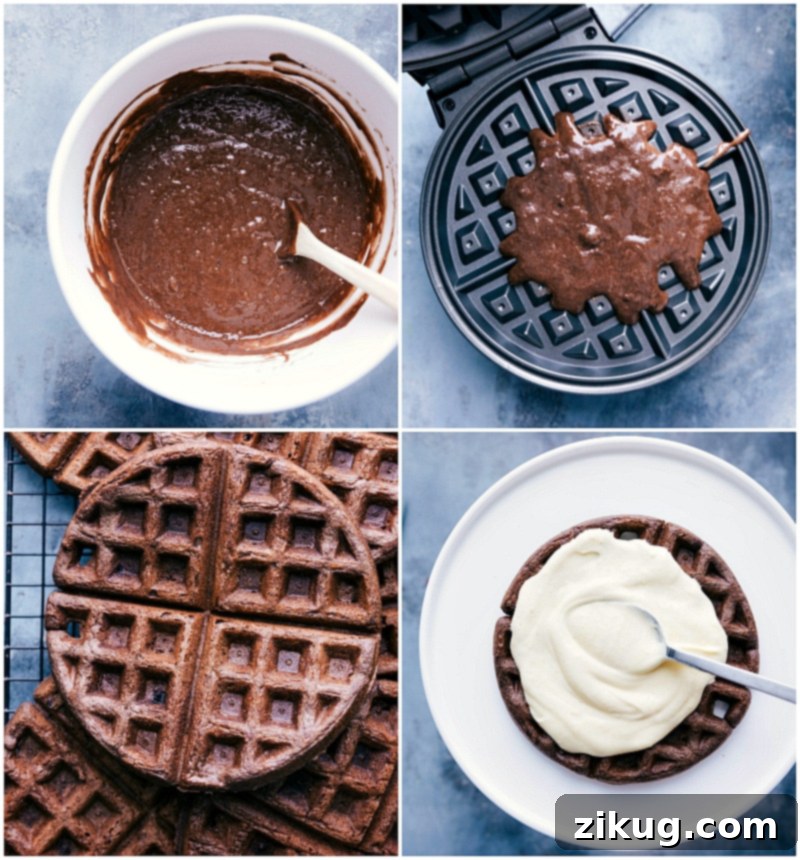 A dynamic scene of waffles being freshly made in a waffle iron, while creamy custard filling is expertly spread between already cooked layers for the waffle cake recipe.