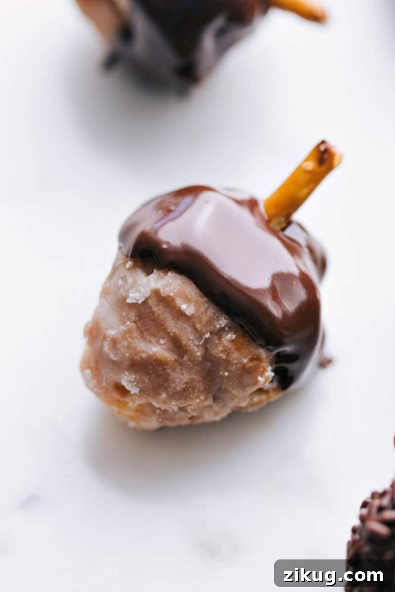 Chocolate-Dipped Glazed Donut Holes with Pretzel Stems Donut hole with the top dipped in chocolate and a pretzel coming out, resembling an acorn.