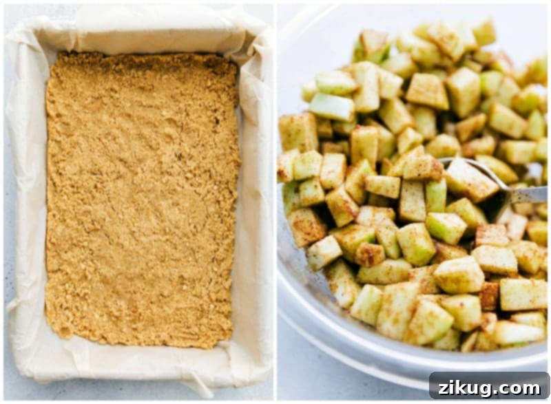 Prepped Graham Cracker Crust and Seasoned Apples A graham cracker crust and a bowl of chopped, seasoned apples.