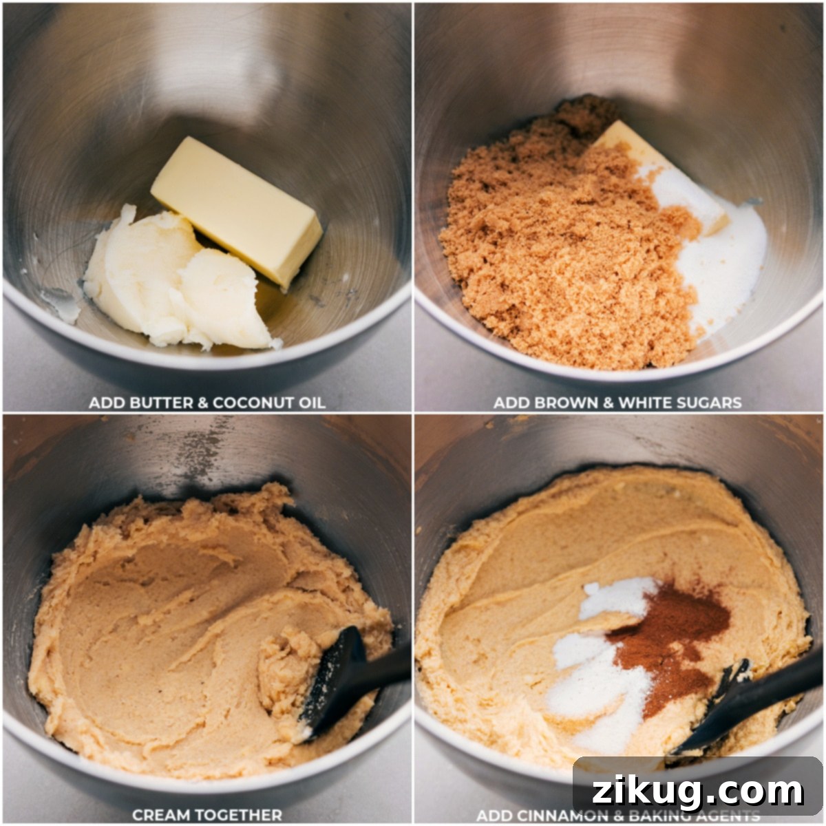 Crafting the Dough for Delicious Coconut Oil Oatmeal Cookies The process of combining butter, coconut oil, sugars, spices, and baking agents into the Coconut Oil Oatmeal Cookies dough.