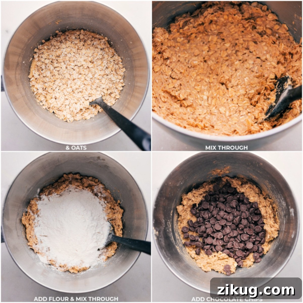 The Hearty Additions to Our Coconut Oil Oatmeal Cookies Oats, flour, and chocolate chips being carefully added to the cookie batter, showcasing the texture development.