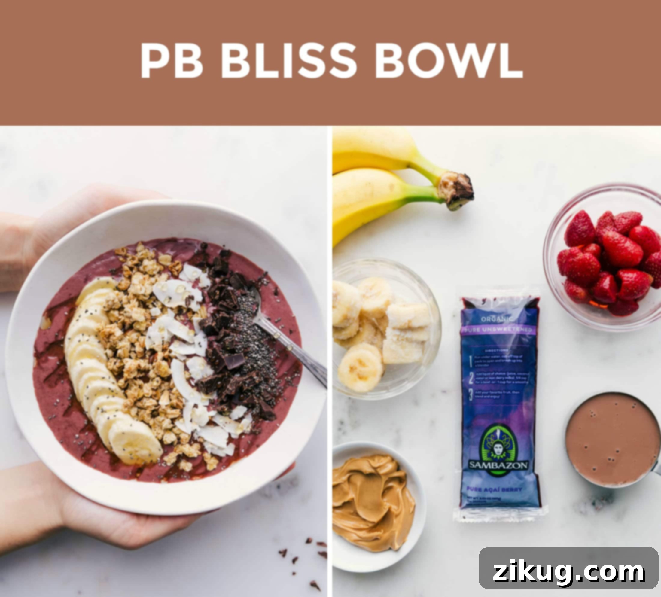 Peanut Butter Bliss Acai Bowl A side-by-side comparison of a decadent Peanut Butter Bliss Acai Bowl and its key ingredients, highlighting its rich, nutty profile.