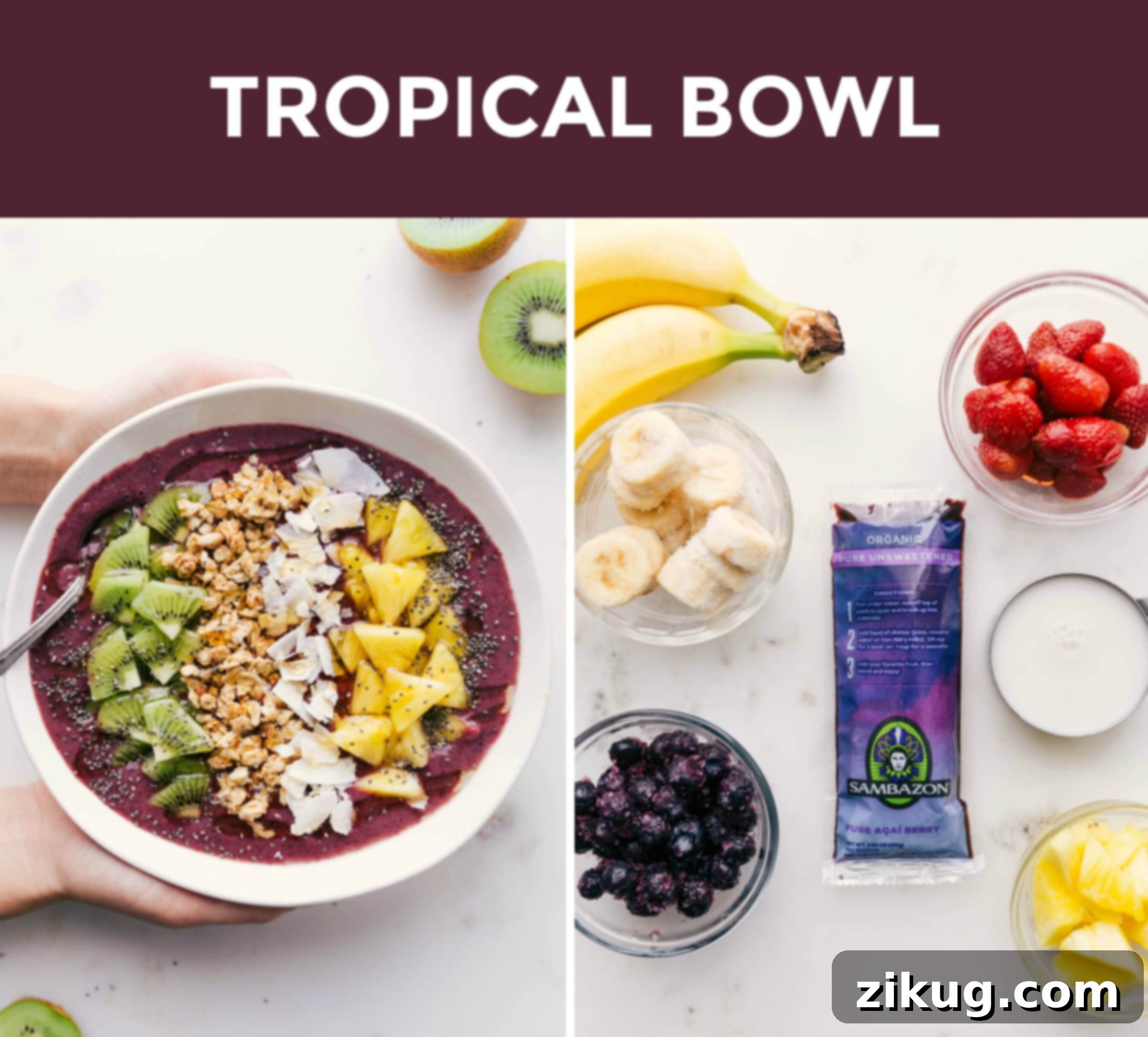 Tropical Acai Bowl A refreshing Tropical Acai Bowl presented alongside its tropical fruit ingredients, inviting a taste of summer.