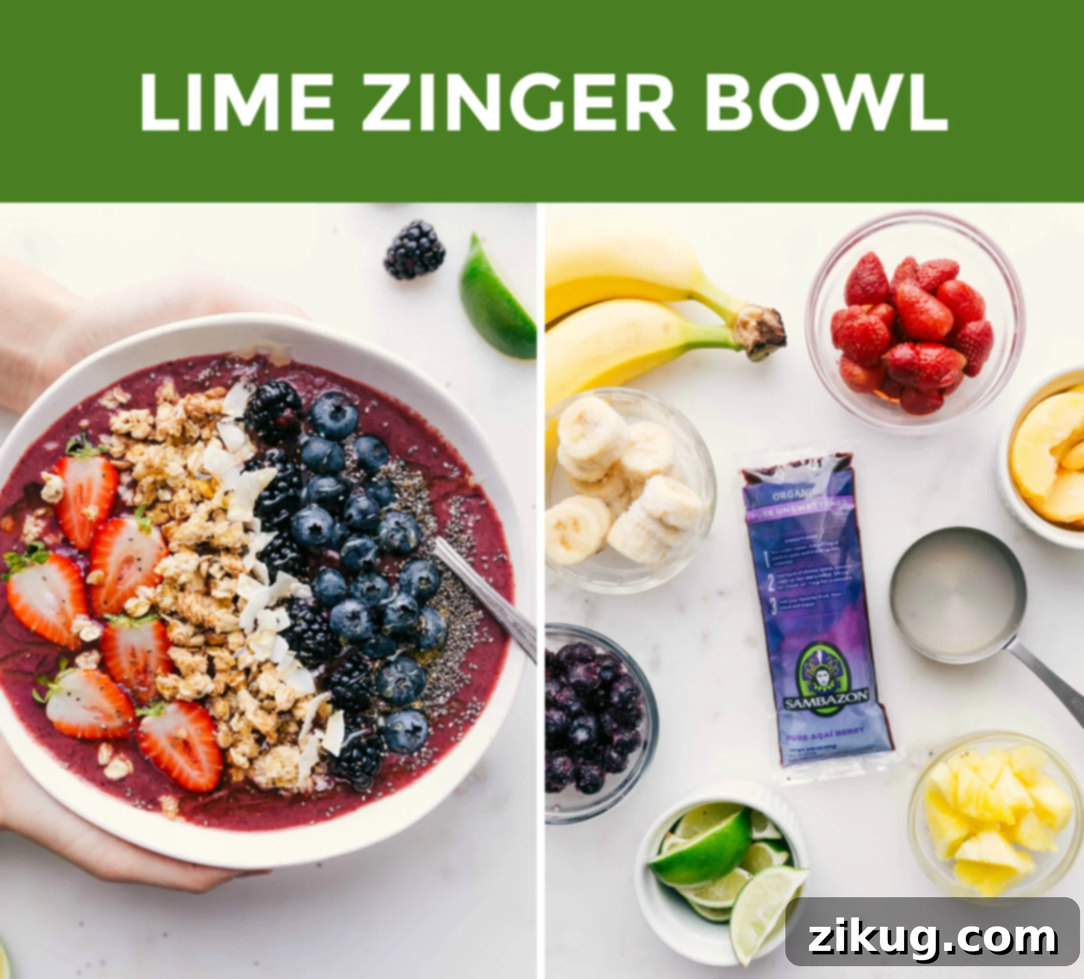 Lime Zinger Acai Bowl A refreshingly bright Lime Zinger Acai Bowl, showcasing a mix of berries and citrus alongside its fresh ingredients.