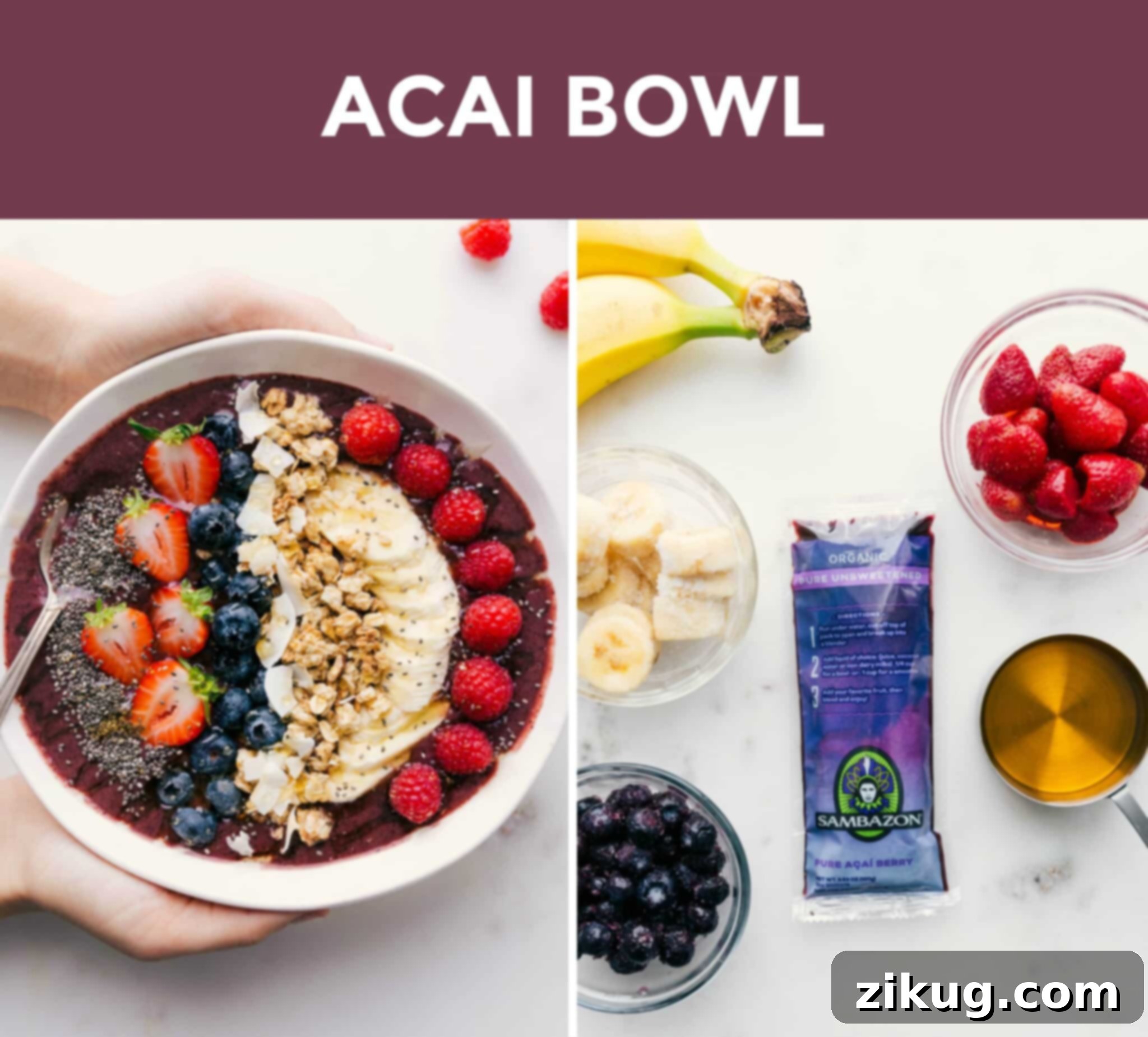 Acai Bowl Ingredients A vibrant selection of fresh ingredients, including acai puree, various berries, and bananas, neatly prepped for assembling a smoothie bowl.