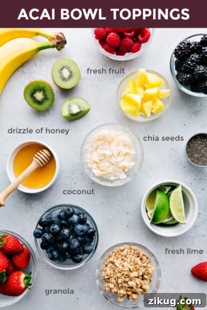 Acai Bowl Toppings An array of delicious and colorful acai bowl topping options beautifully arranged for customization.