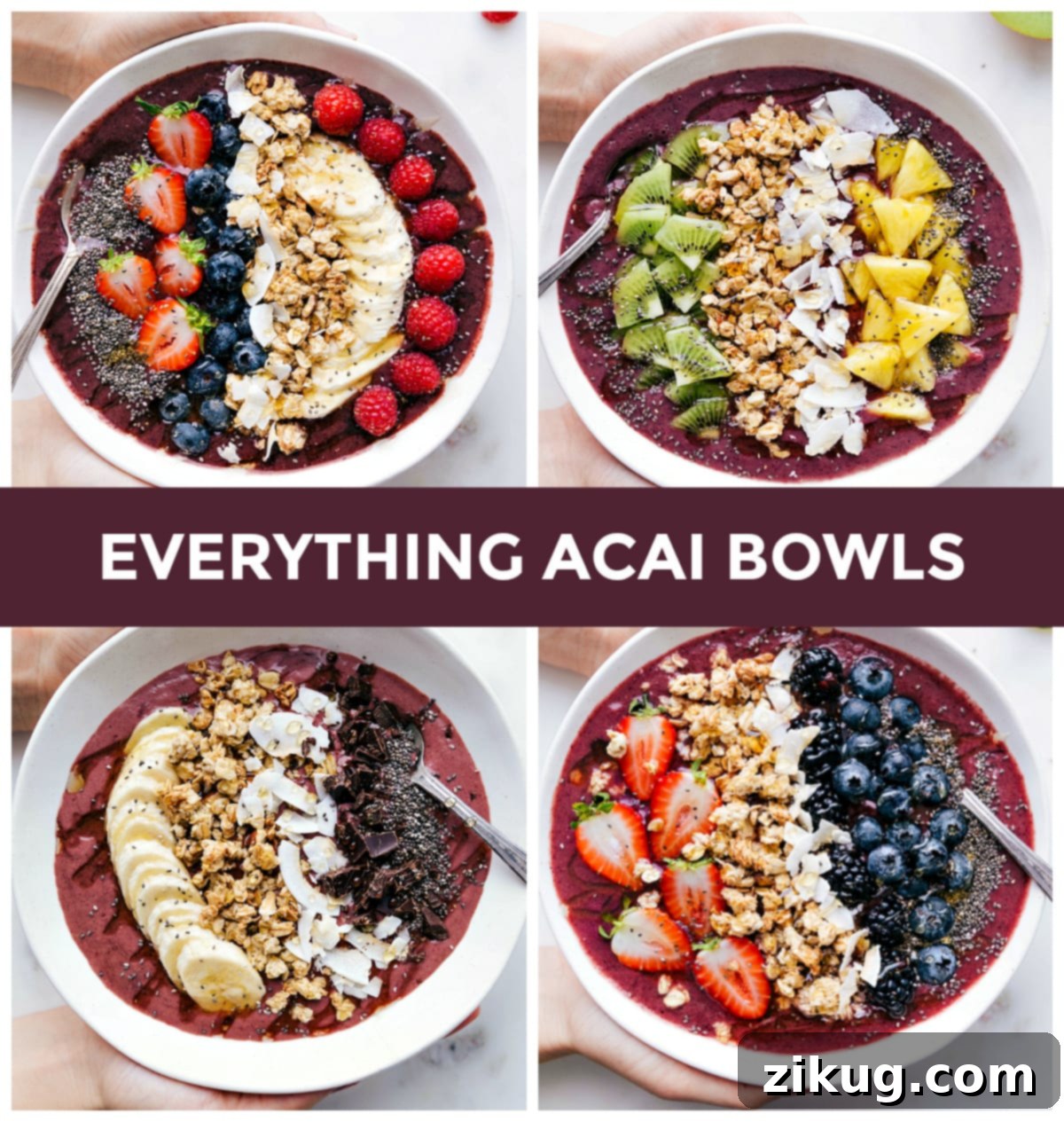 Variety of Acai Bowls A selection of four distinct acai bowls, showcasing different fruit combinations and topping arrangements.