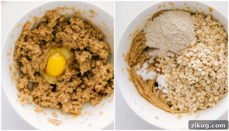Process shot of making Oatmeal Cookies, with wet ingredients on the left and dry ingredients like oat flour and spices added on top, ready for mixing.