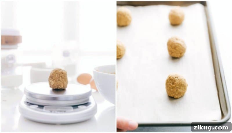 Process shots showing oatmeal cookie dough preparation, from mixing ingredients to shaping dough balls for baking, ready to be placed on a tray.