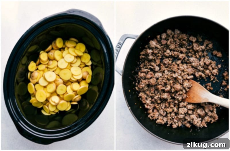 Simple and delicious comfort food: crockpot cheesy potatoes! Process photos showing potatoes being added to the slow cooker and sausage cooking in a skillet.