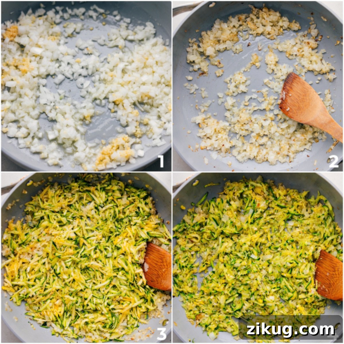 The veggies including onion, garlic, and zucchini being sautéed in a pot for this Zucchini Pasta Sauce.
