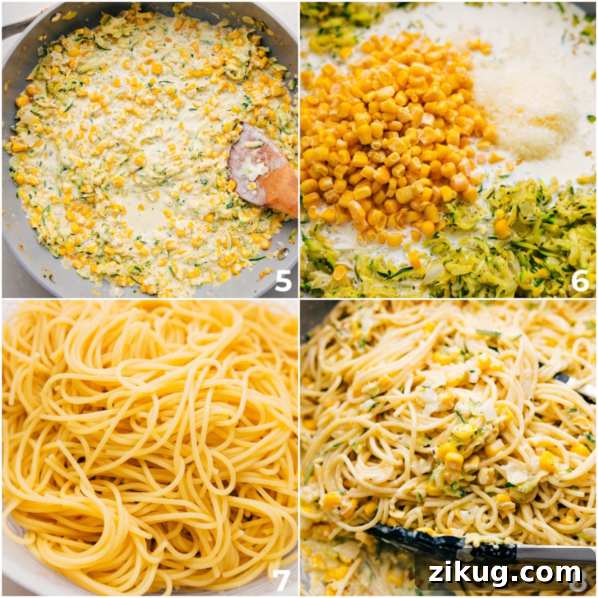 The cream and corn being added to the pot along with the cooked spaghetti noodles.