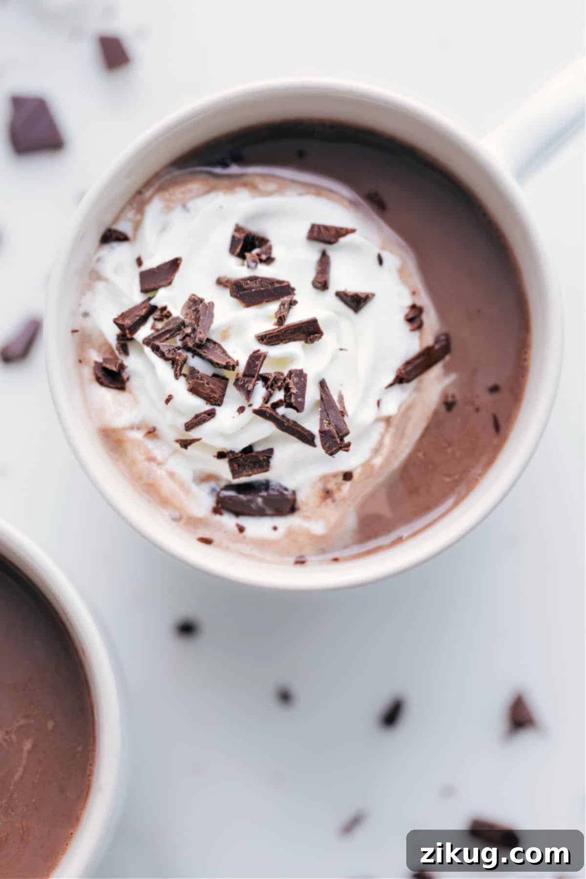 Mug of rich hot chocolate topped with a swirl of whipping cream and delicate chocolate shavings.