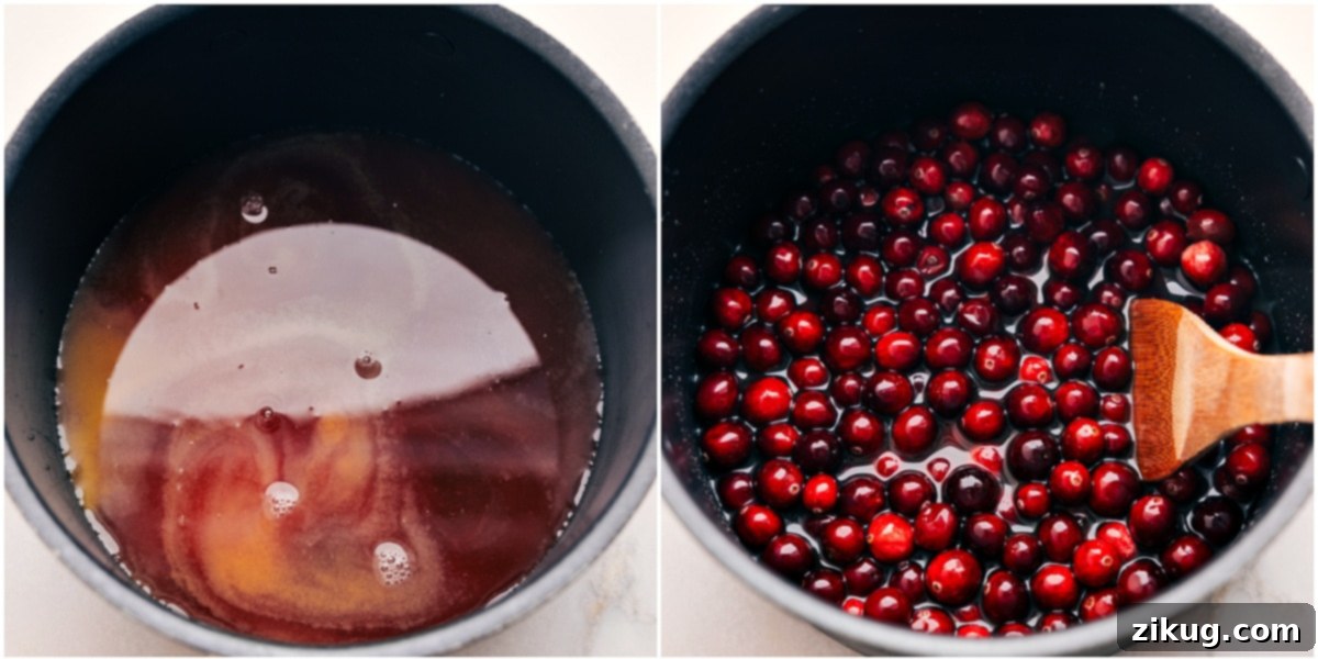 Orange juice and cranberry juice whisked together with sugars, then fresh cranberries added to the pot for this vibrant cranberry sauce.