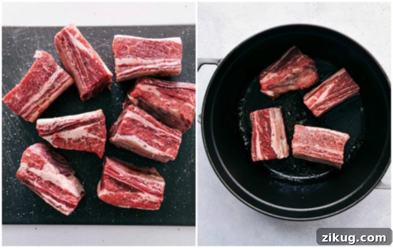 Close-up of perfectly seasoned beef short ribs with accompanying root vegetables and rich gravy