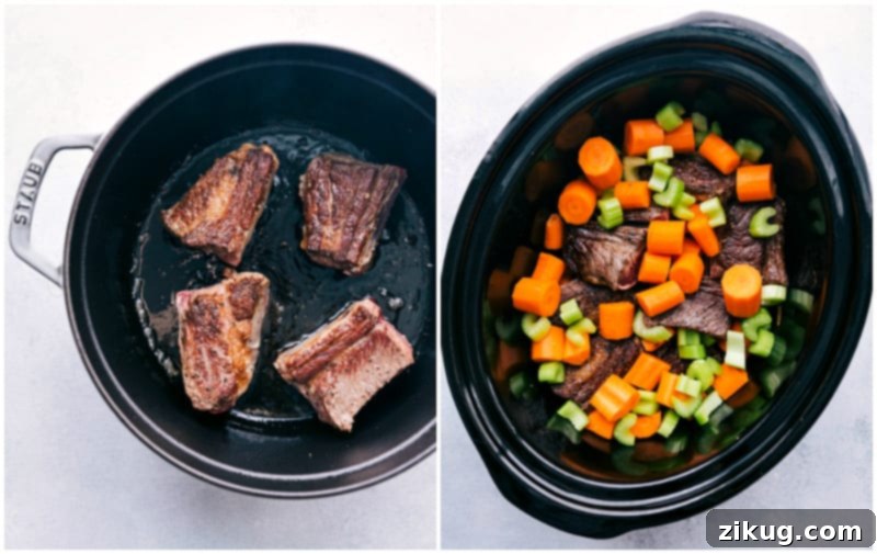 Process shots: Browning the beef short ribs; adding in vegetables to the pot