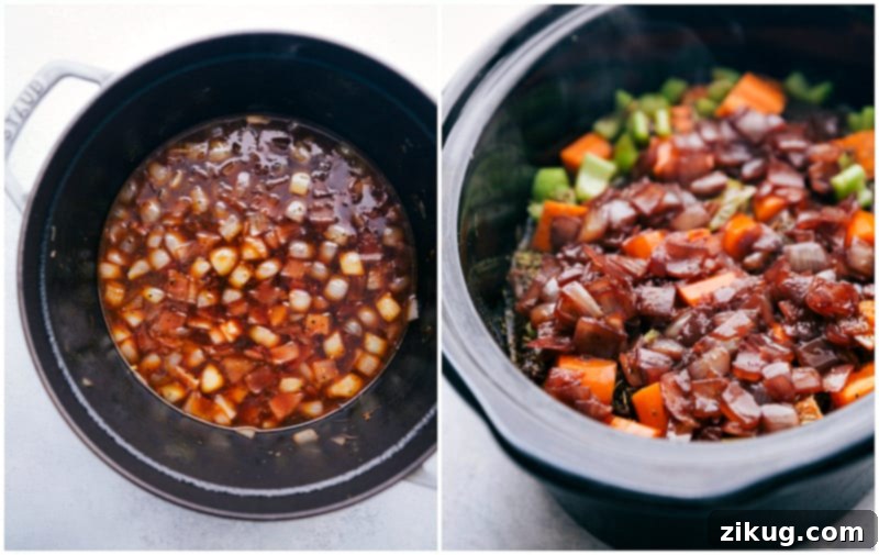 Process shots: cooking onions; placing cooked onions on top of short ribs in the slow cooker