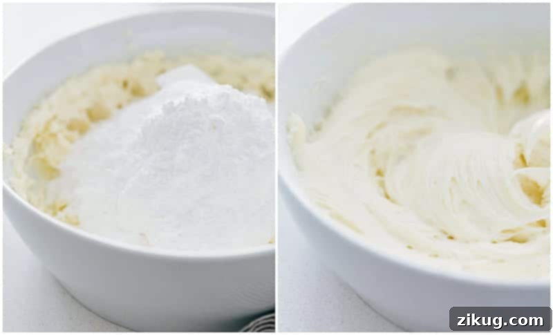 Process shots of making easy cream cheese frosting, showing it in a bowl