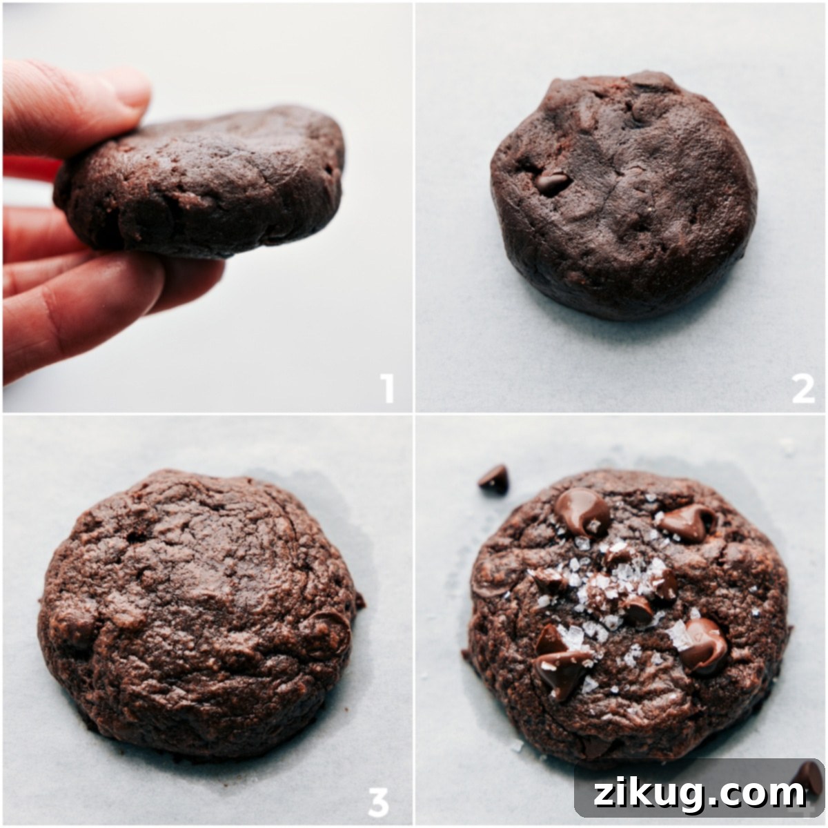 Baking Perfectly Chewy Brownie Cookies Brownie cookie dough balls flattened into discs on a parchment-lined baking sheet, ready for the oven.