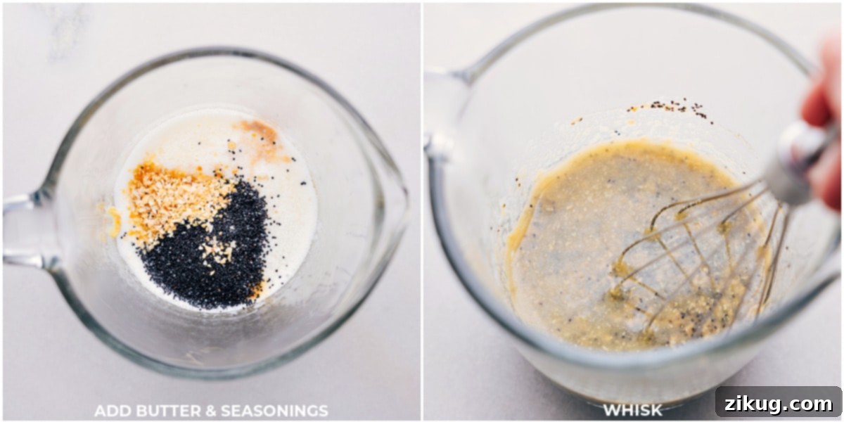 Crafting the Flavorful Butter Topping for Turkey Cranberry Sliders Butter, Dijon mustard, Worcestershire sauce, poppy seeds, dried minced onion, garlic powder, salt, and pepper whisked together in a glass measuring cup to spread on top of the rolls.