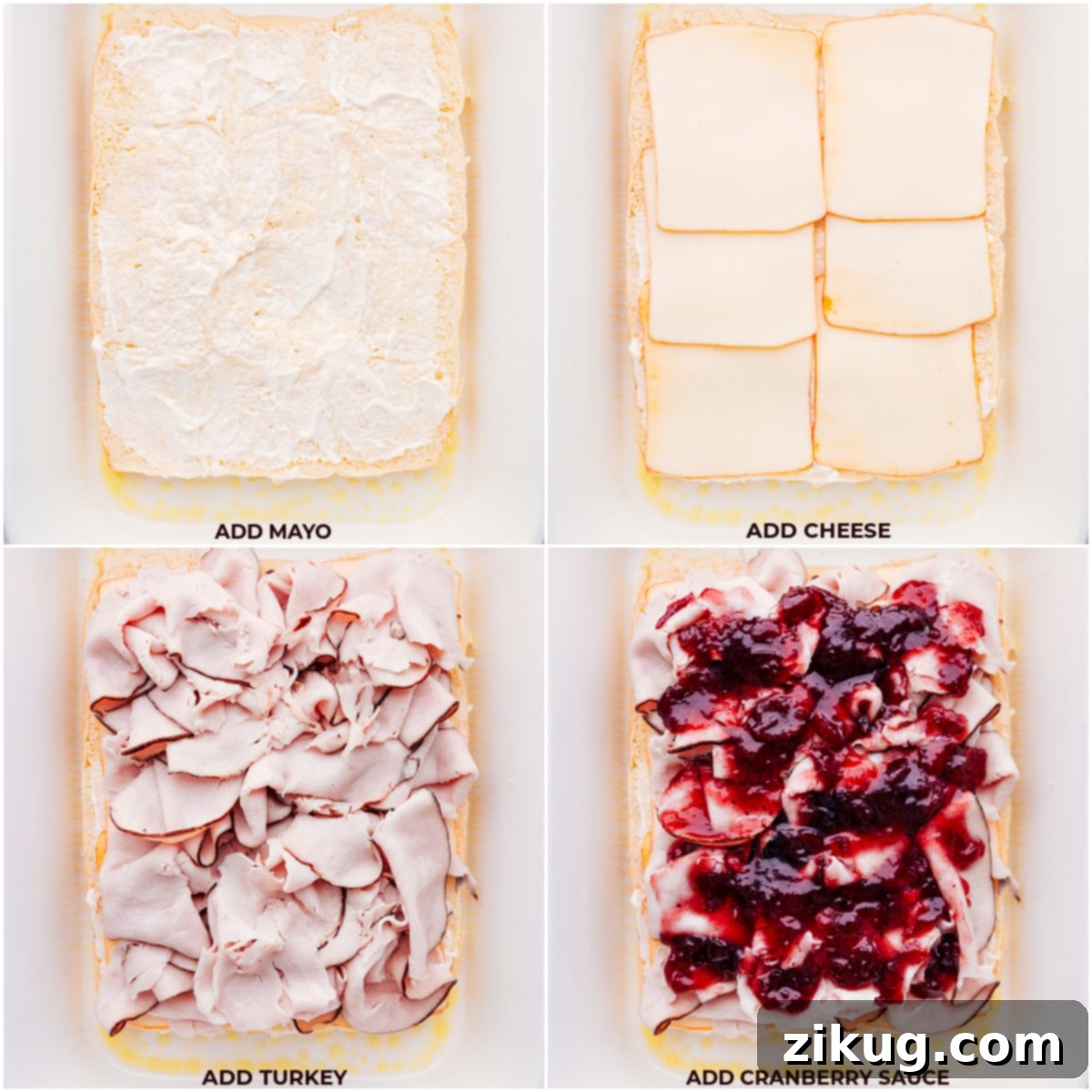 Step-by-Step Assembly of Delicious Turkey Cranberry Sliders Mayonnaise, cheese, turkey, and cranberry sauce loaded onto Hawaiian sweet rolls, meticulously layered for this recipe.
