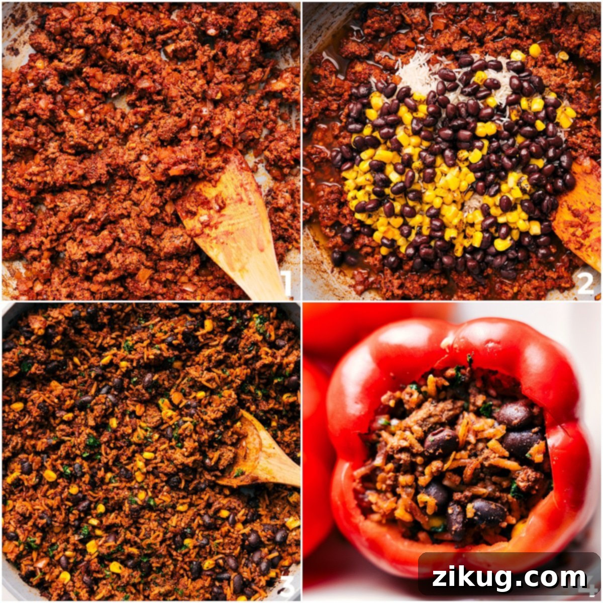 Simple Steps to Make Mexican Stuffed Peppers at Home Ground beef cooked with Mexican seasonings and tomato paste, mixed with rice, black beans, and corn, then stuffed into colorful bell peppers for Mexican stuffed peppers before baking.