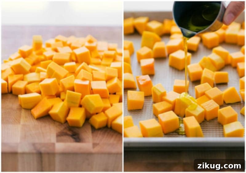 Butternut Squash Salad Squash being chopped and coated in olive oil.