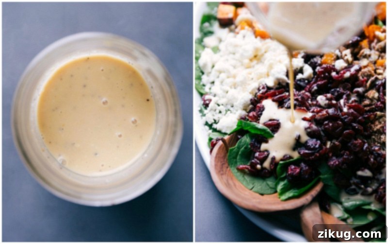 Butternut Squash Salad is a great holiday side dish Dressing in a Mason jar and it being poured over the salad.