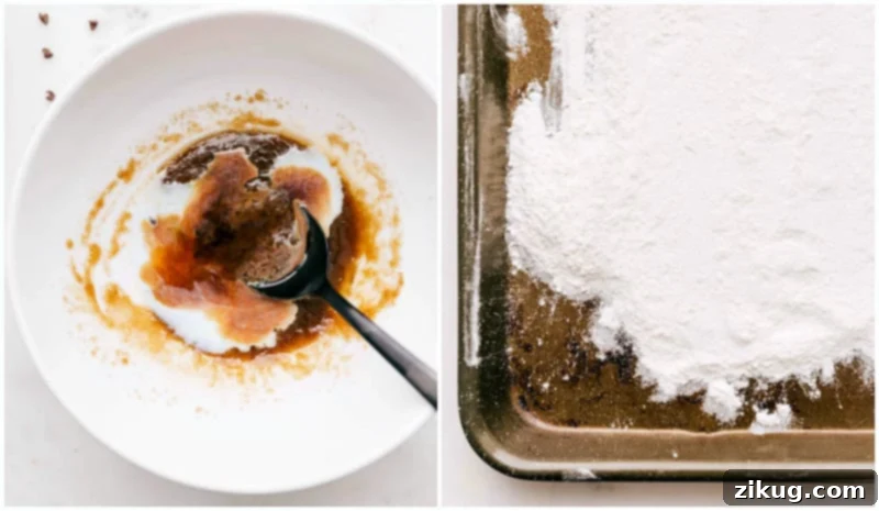 A two-panel image illustrating key steps in edible cookie dough preparation: on the left, milk and vanilla extract are being stirred into a creamy butter-sugar base; on the right, heat-treated flour is spread thinly on a baking sheet, cooling down and ready for safe use.