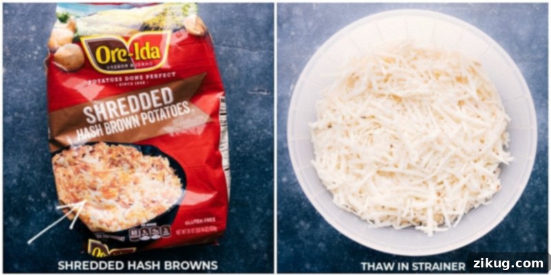High-Quality Shredded Potatoes for Your Casserole Frozen shredded hash browns thawing in a strainer, ready for the Funeral Potatoes recipe.