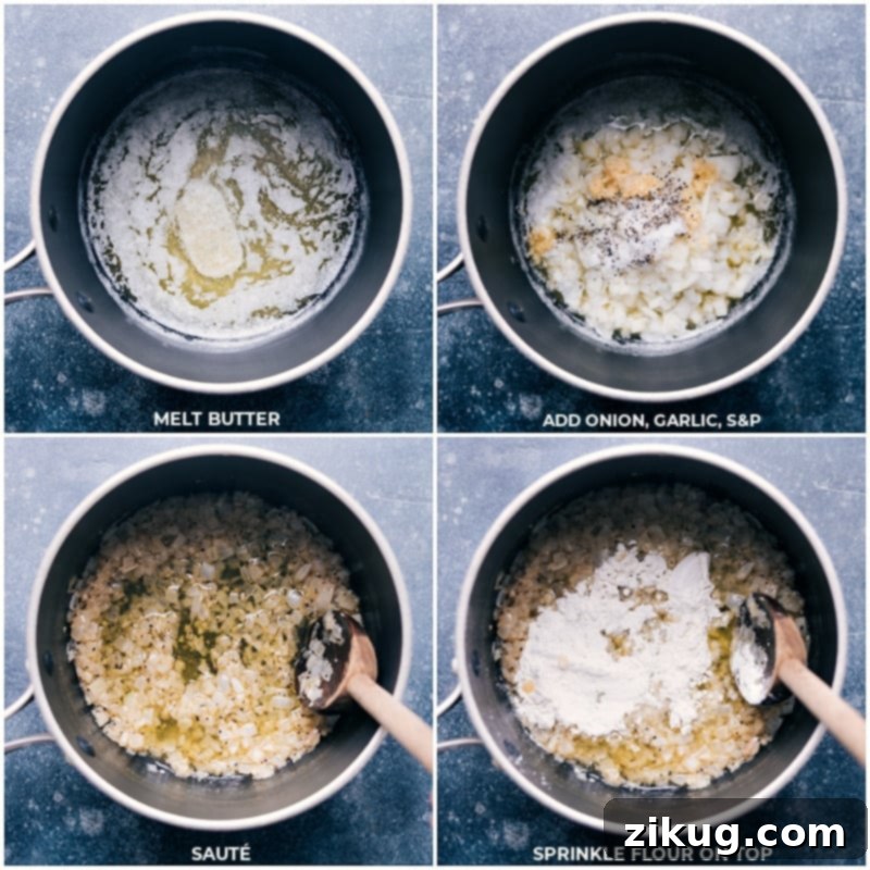 Preparing the Flavorful Base for Your Funeral Potatoes Casserole Butter, garlic, onion, seasonings, and flour sautéing in a pot, forming the base of the creamy sauce for Funeral Potatoes.