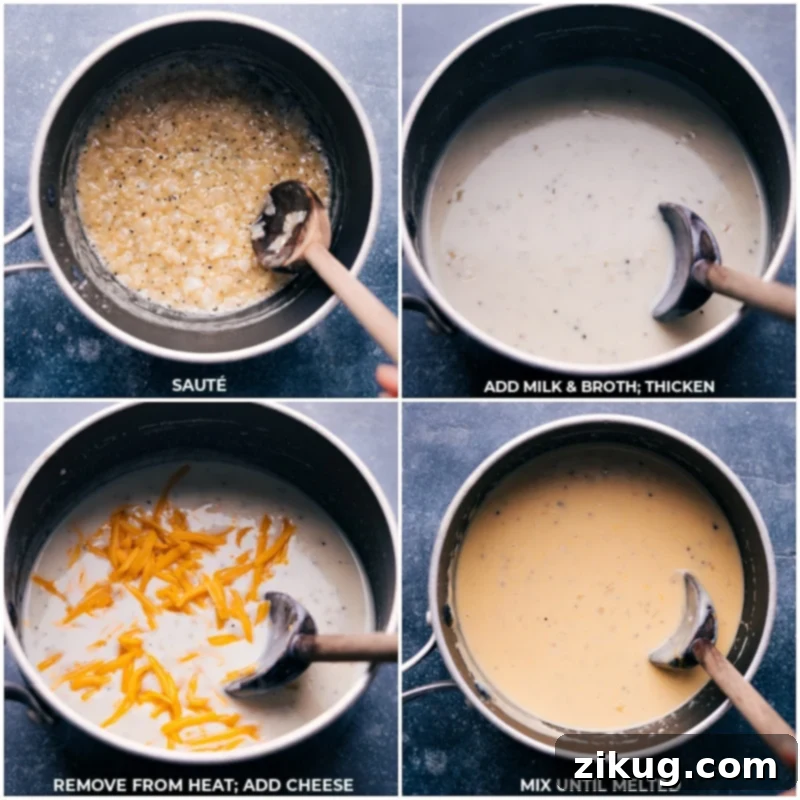 Crafting the Velvety Cream Sauce for Cheesy Potatoes Creamy base ingredients cooking together in a pot, creating the rich sauce for Funeral Potatoes.