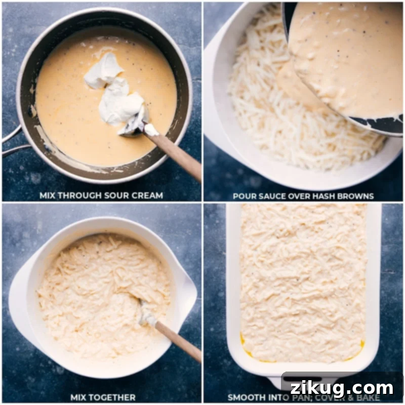 The Heart of the Casserole: Creamy Sauce and Hash Browns Combined Sour cream mixing into the rich, creamy sauce, which is then poured over the thawed hash browns for the Funeral Potatoes casserole.