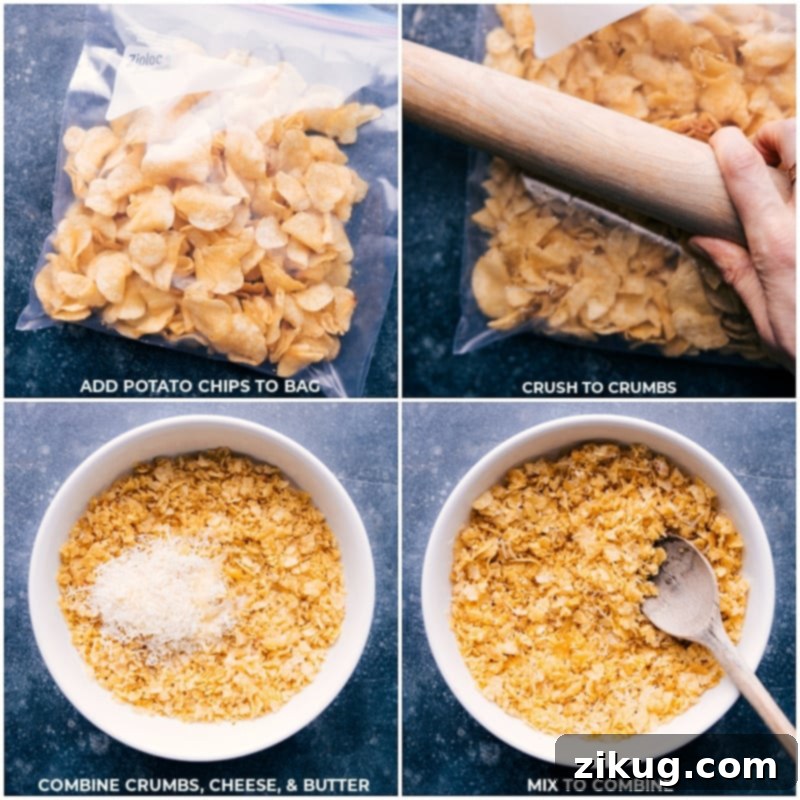 The Irresistible Crispy Crumb Topping for Funeral Potatoes The crispy topping is made by crushing kettle-cooked potato chips into fine crumbs, then mixing them with Parmesan cheese and melted butter until well combined.