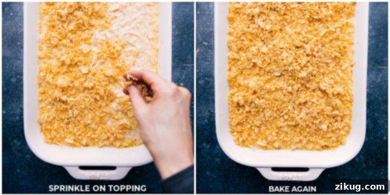 Final Baking Stage: Achieving a Golden, Crispy Topping The crispy topping is generously sprinkled on top of the casserole, which is then baked again to a golden finish.