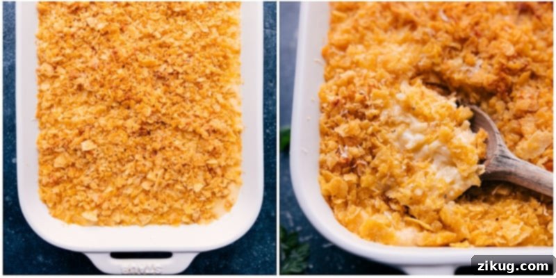 Enjoying a Hot and Delicious Dish of Creamy Funeral Potatoes A freshly baked dish of Funeral Potatoes, perfectly golden and bubbling, ready to be served.