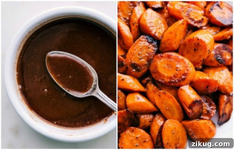 Sweet honey butter glaze being drizzled over a pan of warm, roasted carrots, adding a final touch of richness.