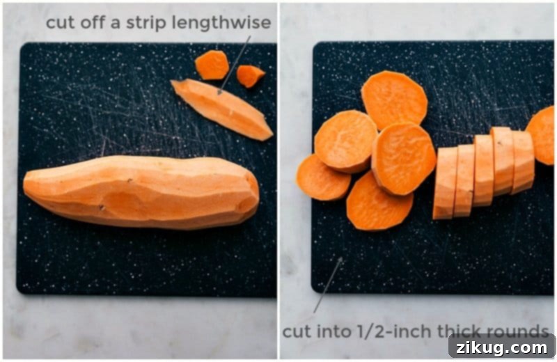 Cutting a sweet potato into equal chunks will ensure that it roasts evenly, leading to perfectly cooked results. Shot of cutting a sweet potato into equal rounds, a crucial step for ensuring even roasting.
