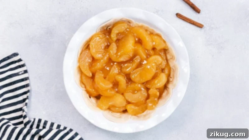 This 'shortcut' apple pie, featuring its inventive cinnamon roll crust, is filled with convenient store-bought apple pie filling. Process image showing canned apple pie filling being spooned into the prepared cinnamon roll crust in a pie dish