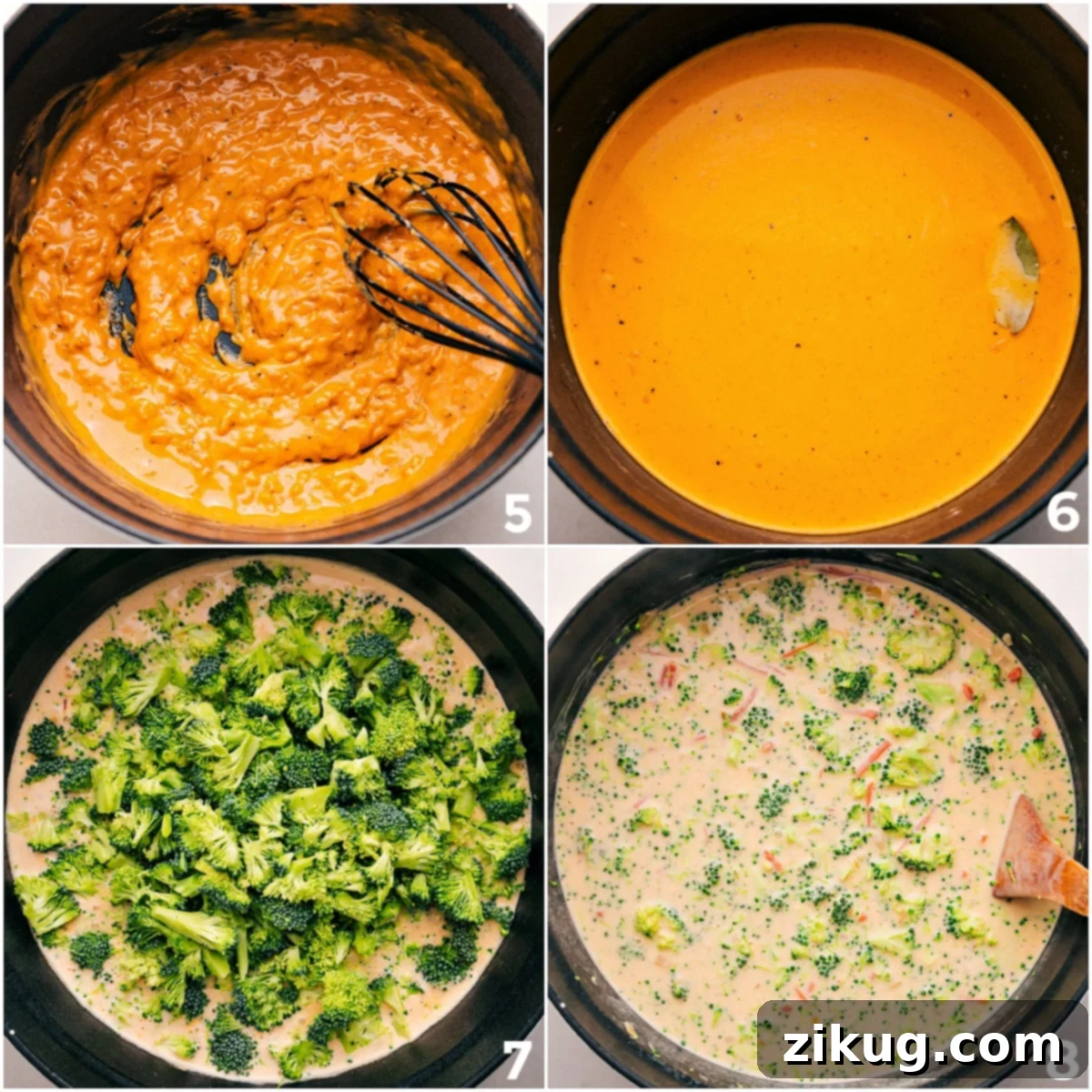 The vibrant green broccoli and bright orange shredded carrots simmering gently in the rich, creamy cheddar soup base in a large pot on the stovetop, ready for the final cheese melt.