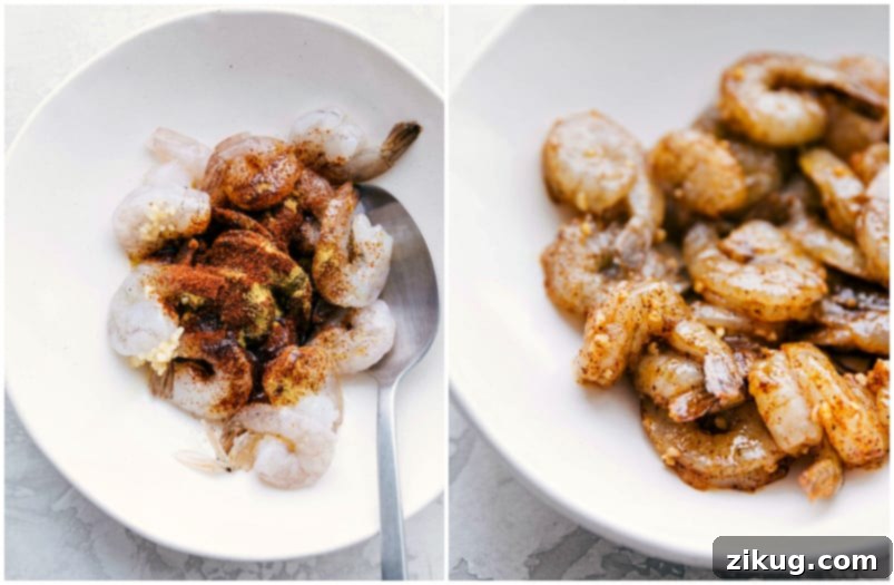 Raw shrimp perfectly seasoned with a blend of chili powder, cumin, and other spices, ready for cooking.